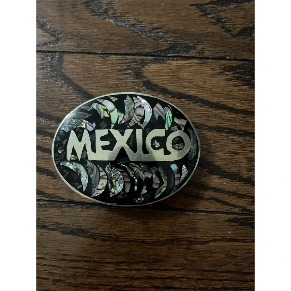 Vintage Mexico Alpaca Silver Abalone Mother Of Pearl Inlay Belt Buckle